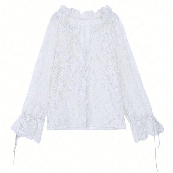 White Elegant Women's Plus Size Lace Front Button Flare Sleeve Blouse - Picture 5 of 6